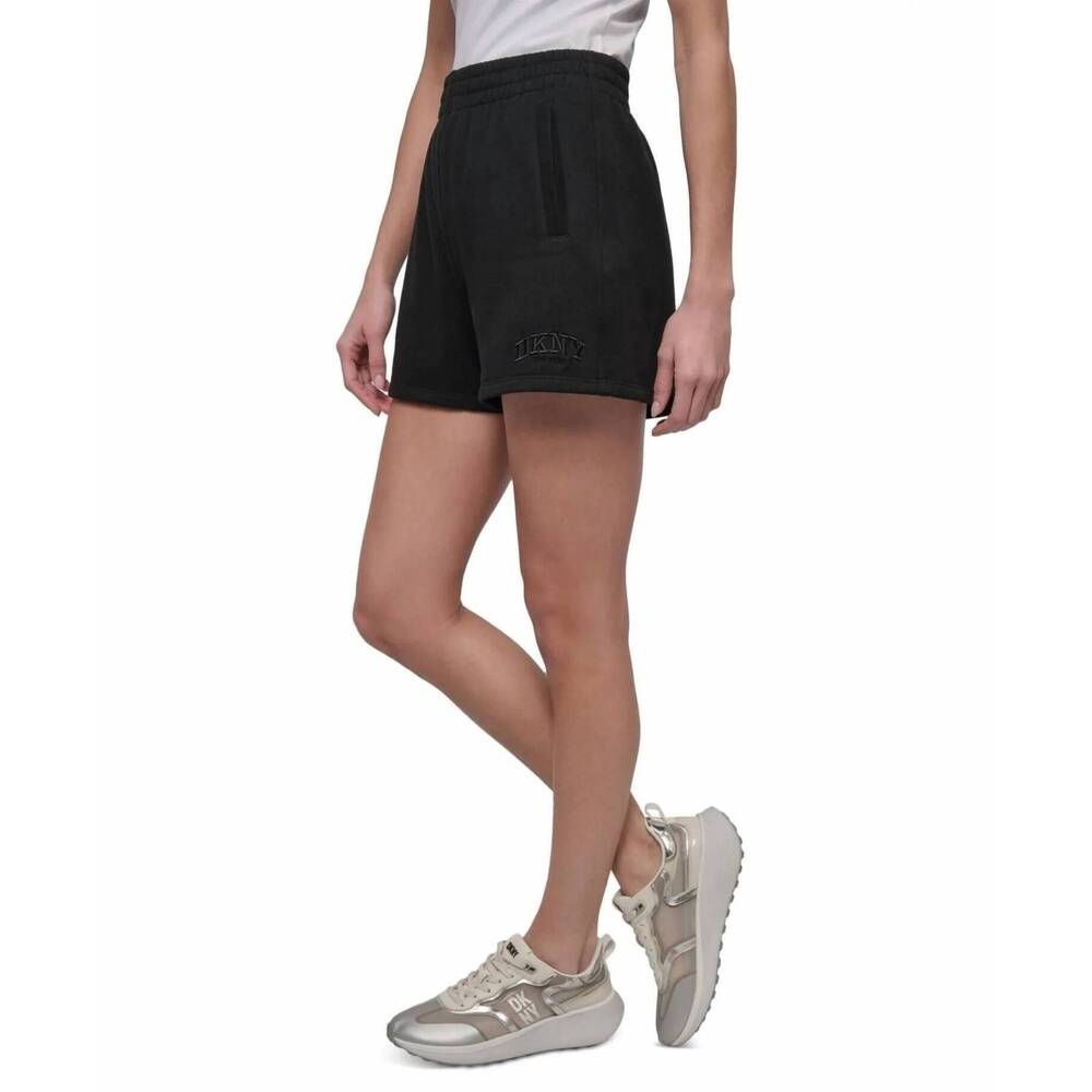 NEW DKNY varsity embroidered logo smocked 4" short in black - Picture 3 of 4